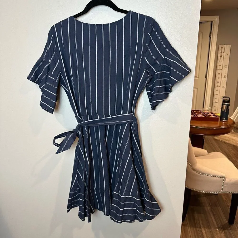 Express Navy Striped Ruffle Sleeve Wrap Dress M